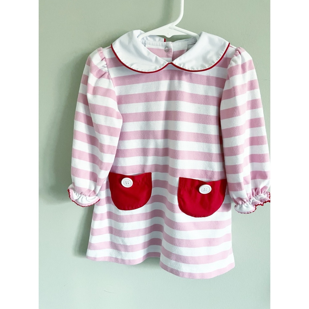 The Beaufort Bonnet Company pink striped dress with collar/pockets 2T